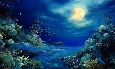 Wall Mural - A serene underwater scene illuminated by moonlight, showcasing vibrant marine life and plants.