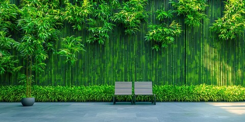 Poster - Two wooden benches are sitting in front of a green wall