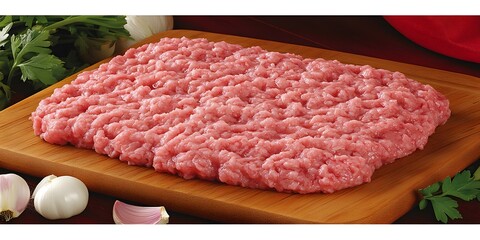 Wall Mural - Raw ground meat on a wooden cutting board, ready for cooking or preparation.