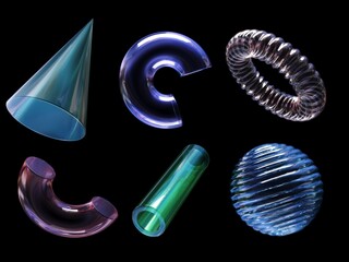 Poster - 3D rendering of a set of geometric objects, icons, glass elements isolated on a black background. Abstract, colored glass shapes for graphic design and mockups. Holographic material.