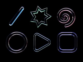 Poster - 3D rendering of a set of geometric objects, icons, glass elements isolated on a black background. Abstract, colored glass shapes for graphic design and mockups. Holographic material.