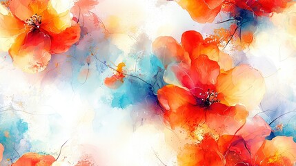 Wall Mural -   Red and orange flowers against blue and white backdrop with a splash of paint at the bottom