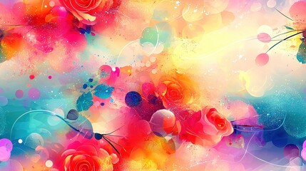 Poster -   Painting of colorful flowers on multicolored backdrop with numerous bubbles