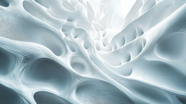 Abstract 3D rendering of a porous, cavernous, organic structure with light at the end.