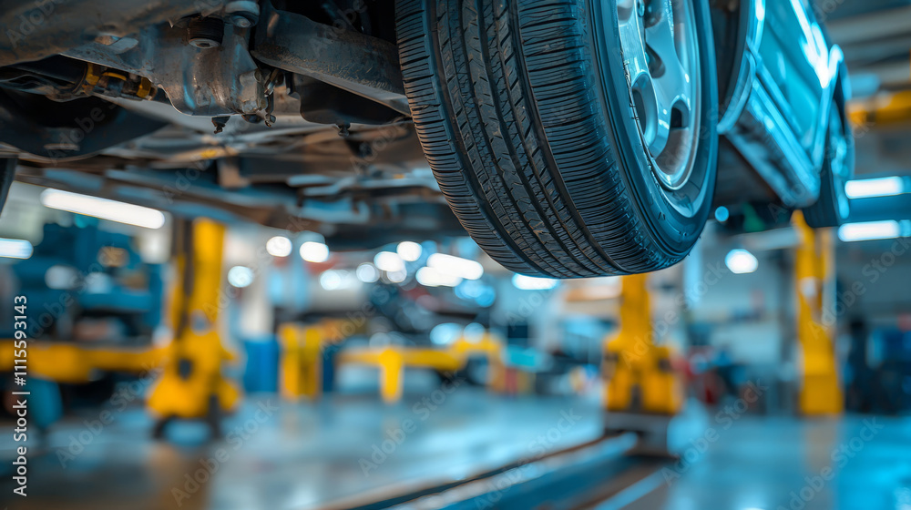 Truck elevated on a lift at vehicle maintenance and repair station ...