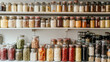© Sabana - Variety of colorful jars filled with preserved food on wooden shelves in a kitchen