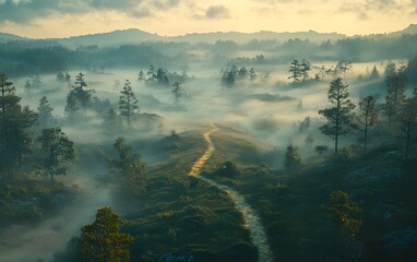 Wall Mural - Serene misty landscape with a winding path through trees at dawn.