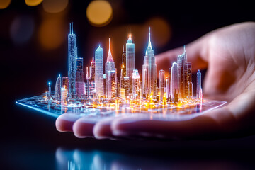 Poster - A hand displays a digital holographic map featuring a vibrant city skyline at night with glowing buildings and lights