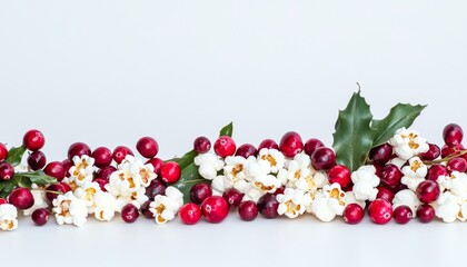 Wall Mural - A vibrant arrangement of cranberries, popcorn, and white flowers, accentuated with green leaves, creating a festive and colorful display.