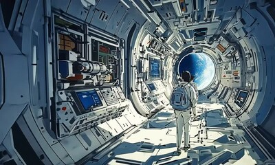 Wall Mural - Futuristic Space Station Corridor with Astronauts Exploring the Universe and an Open Portal to Outer Space in a Sci-Fi Setting illustration cartoon with ai generated.