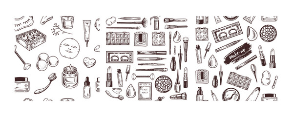 Hand-drawn seamless pattern set with makeup and beauty tools(Несколько значений)