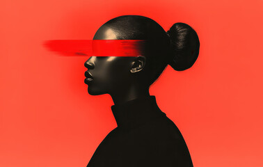 Poster - Silhouette Portrait with Red Brushstroke against Bright Orange Background