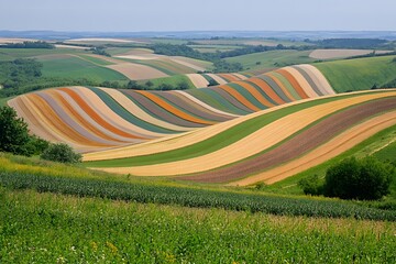 Wall Mural - Vibrant, rolling agricultural hills showcasing colorful crop patterns in a serene landscape.