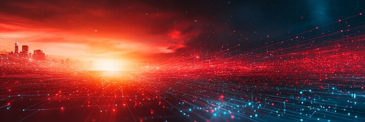 Poster - Sunset Skyline with Fiber Optic Network Technology Connections, High-Speed Communication Concept