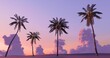 © FlatFloatCreation - Palm trees lining the sandy beach. Pink and purple summer landscape. 3D rendering.