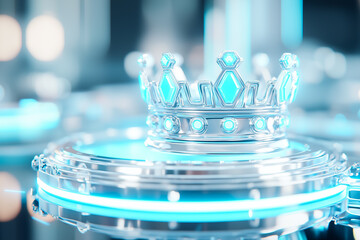 Poster - A stunning crown crafted from steel features glowing blue accents, prominently showcased in an advanced tech setting