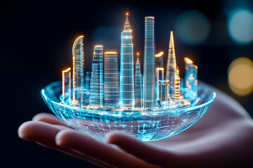 Fototapete - A hand displays a vibrant digital holographic map featuring a futuristic city skyline illuminated in blue tones