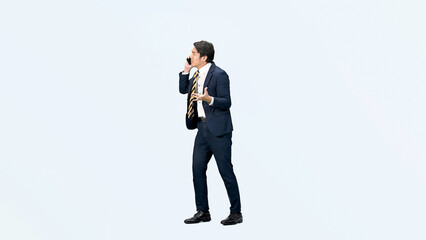 Leinwandbilder - 通話、ビジネスマン、スマホ、男性、サラリーマン、ビジネスパーソン、仕事、スマートフォン、忙しい、上司、管理職、指示、指導、ビジネス、全身、オフィス、スーツ、踊る、人材、日本人、慌てる、焦る、営業、セールスマン、ダンス、会社員、パントマイム、アプリ、トラブル、問題、困る、ストレス、失敗、切り抜き、コピースペース、マーケティング、操作、DX、デジタルトランスフォーメーション、経営、リーダー、連絡、怒る