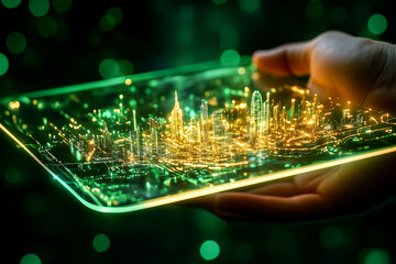 Poster - A hand displays a luminous holographic map showcasing a detailed model of a modern city illuminated by vibrant lights