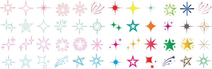Wall Mural - star sparkle line art, colorful starburst icons, shooting stars, and twinkling sparkle shapes in var