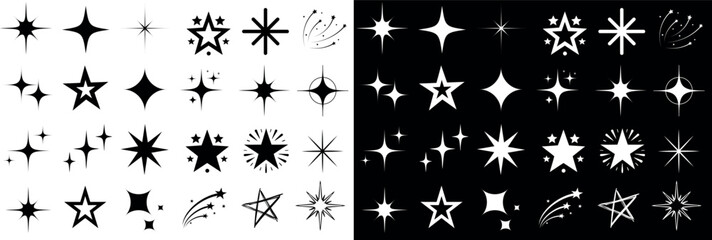 Wall Mural - sparkle star and starburst icon set, sparkles, glowing stars, abstract cosmic shapes, shooting stars