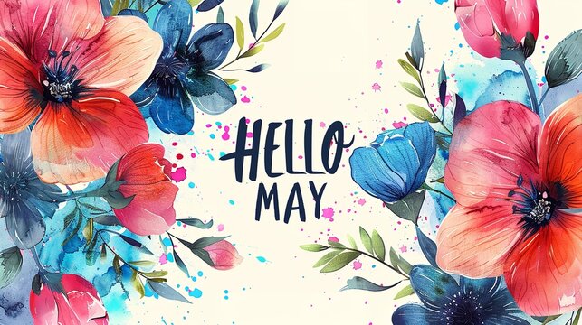 Hello May Bright spring banner, image with flowers, Watercolor white background, Ai Generative.