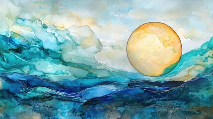 Wall Mural - watercolor and alcohol ink image of a soap bubble floating on a stream of water, serene and peaceful