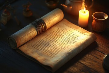 Aufkleber - A scroll of paper with a candle and a cup of tea on a table