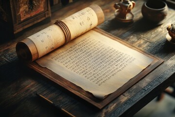 Aufkleber - A scroll of paper with Chinese characters on it is laying on a wooden table