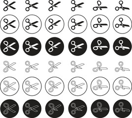 Poster - Scissor icons set in flat and linear styles. Simple silhouette of open scissor. Coupon mark, symbols for cropping, signifying voucher element. Barber sharp cut trim isolated on transparent background.