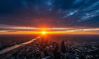 Wall Mural - A stunning sunset over a city skyline with vibrant clouds reflecting on a river.