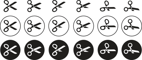 Poster - Scissor icons set in flat styles. Simple silhouette of open scissor. Coupon mark and symbols for cropping, signifying voucher element. Barber sharp cut trim vectors isolated on transparent background.