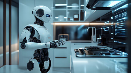 Wall Mural - a white robot is in a futuristic kitchen.