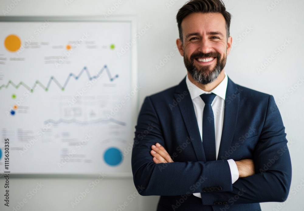Confident Businessman Smiling with Crossed Arms in Front of Wall Chart ...