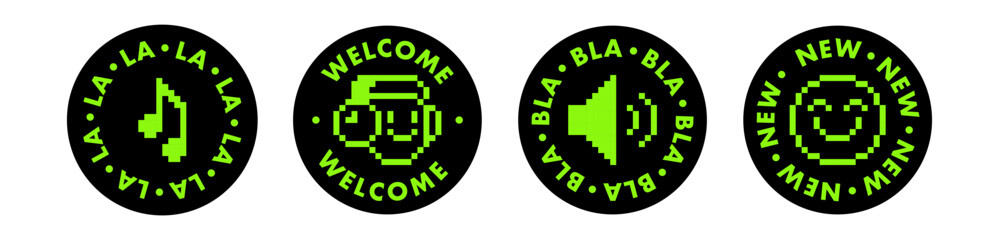 Fototapete - Radio podcast sticker set. Y2k retro. Pixel art. Music and voice icons. Music note, smile, emoji. Cool badge element. Geometric modern shape for collage, poster, stamp. Vector illustration on black