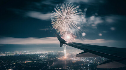 Wall Mural - A vibrant display of fireworks in the evening sky view from an airplane window