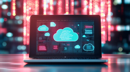 Wall Mural - A digital illustration of cloud computing with icons and data, on top of an open laptop computer screen The background is blurred to emphasize the iconography, featuring symbols 