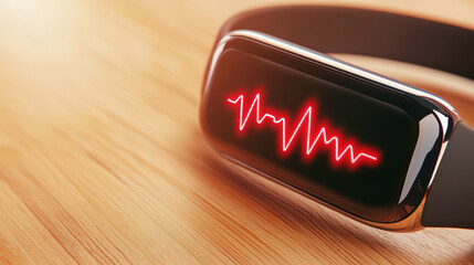Poster - Wearable fitness band displaying heart rate on wooden surface