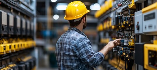 Poster - industrial technician examining electrical control panel at manufacturing plant with depth of field