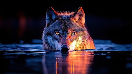 Wall Mural -   A close-up of a wolf in water, with its head above the surface looking towards the camera