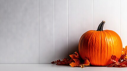 Wall Mural -   Large pumpkin atop white table, surrounded by leaves on white surface, against white wall background