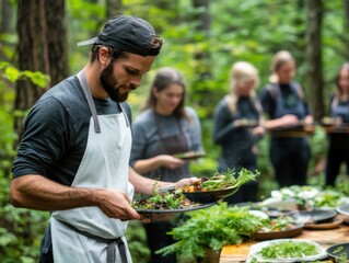 a chef leading a cooking class in a forest, teaching people to prepare gourmet dishes from wild food