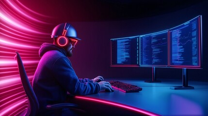 Fototapete - High-tech command center with professionals monitoring data digital environment night viewpoint