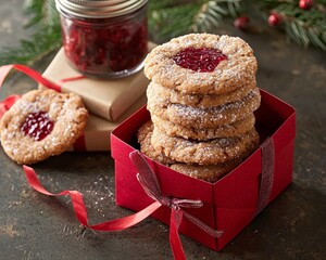 Wall Mural - A festive display of cookies in a red gift box, accompanied by a jar of jam and holiday decorations, perfect for seasonal gifting.