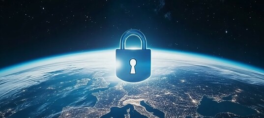 Poster - Global Network Security Data Privacy And Cyber Defense Concept With Illuminated Lock Above Earth.