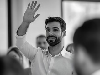 Wall Mural - Man with beard waving to crowd