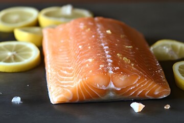 Wall Mural - A fresh salmon fillet garnished with lemon slices and sea salt, ready for cooking.