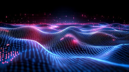 Poster - Abstract Digital Landscape of Waves with Vibrant Neon Lights and Data Points in a Futuristic Design