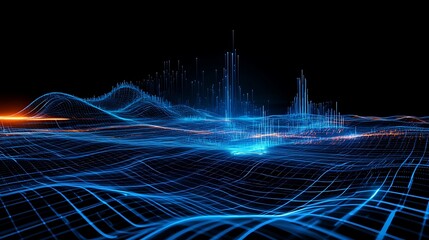 Poster - Abstract Digital Landscape with Glowing Blue Lines and Tall Structures on Dark Background for Futuristic Concepts