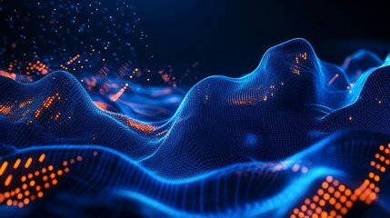 Poster - Abstract Digital Landscape with Glowing Particles and Flowing Waves in Blue and Orange Tones